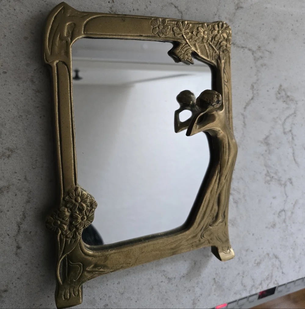 ELEGANT ART DECO SOLID BRASS VANITY TABLE TOP MIRROR LADY MOTIF ART NOUVEAU